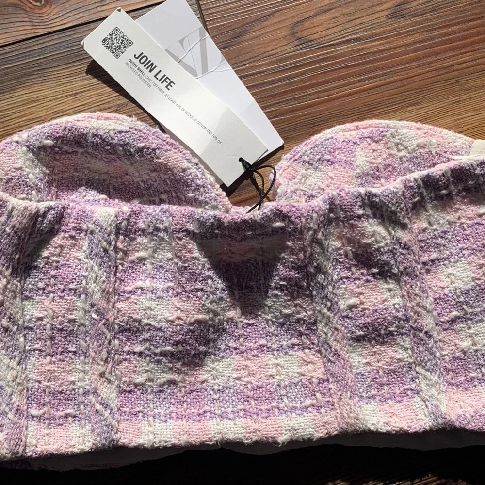 NWT Zara Womens X Small Tweed Bustier Crop Corset Top Pink Purple Plaid XS - Picture 2 of 9